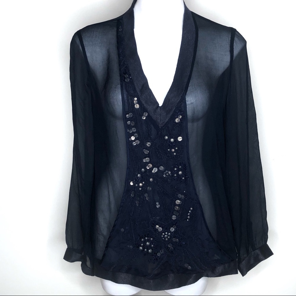 Sachin + Babi Navy Embellished Silk Blouse Large
